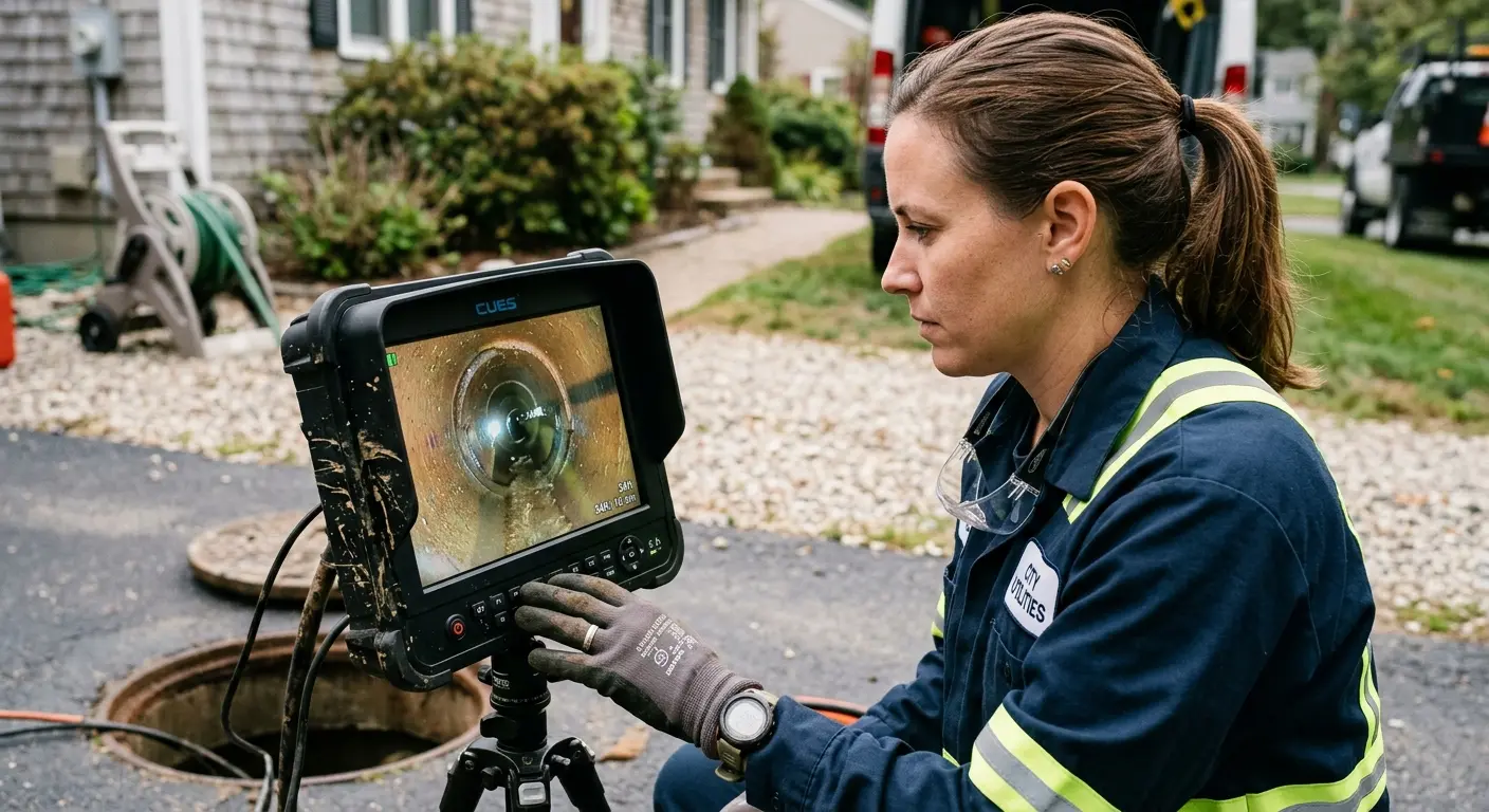 Technician reviewing sewer camera inspection footage in Mequon