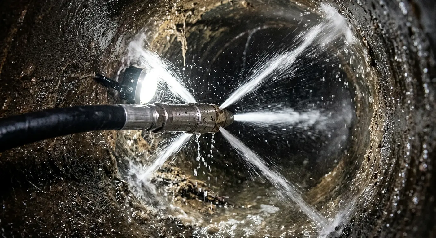 High-pressure hydro jetting nozzle cleaning sewer pipe for Sewer Cleanout in Mequon