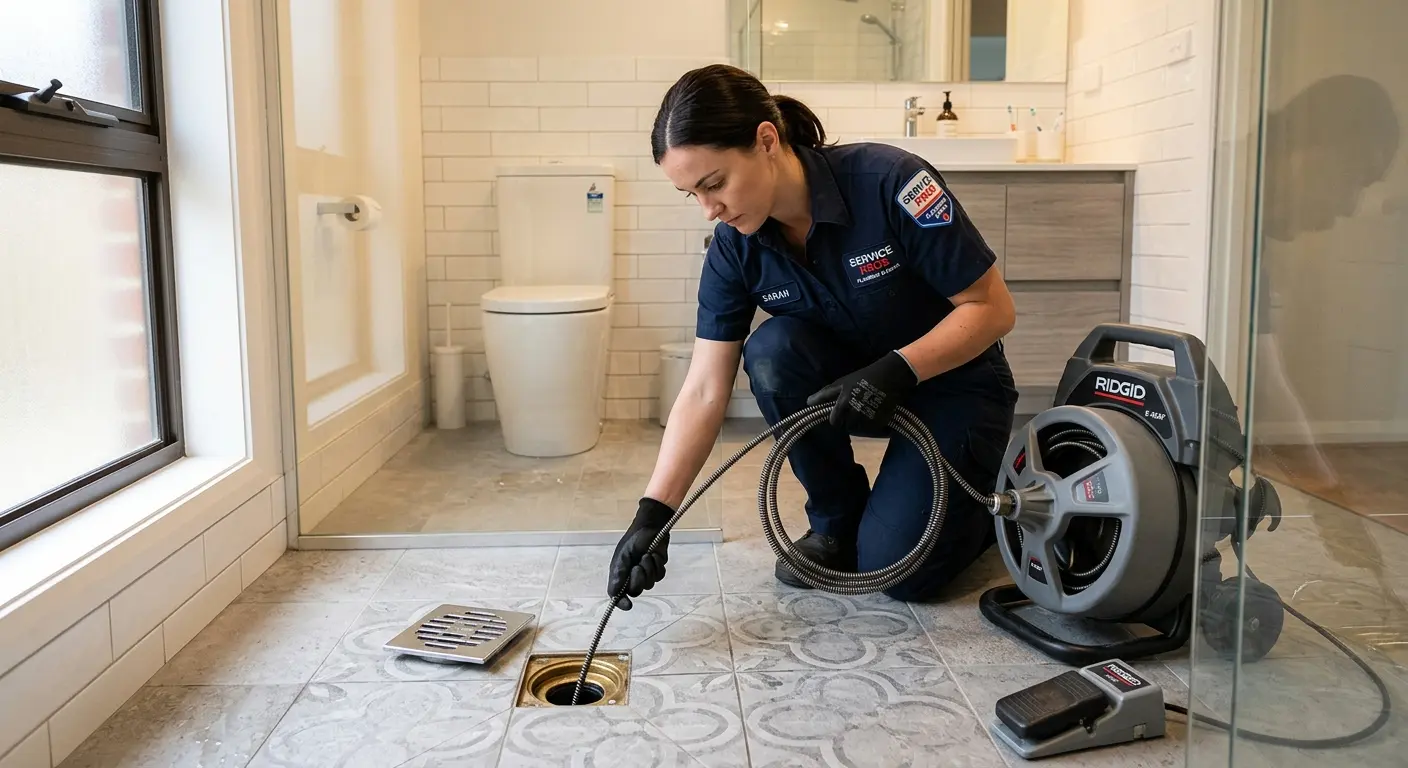 Technician clearing a bathroom floor drain for Sewer Line Replacement in Mequon